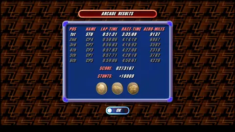 Tabla ARCADE RESULTS con posición, nombre, tiempo de vuelta, tiempo de carrera y aero-miles de seis coches, la puntuación y la bonificación acrobática.