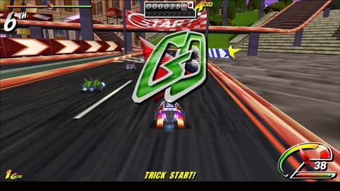 Una señal verde GO sobre el coche del jugador en la línea de salida; TRICK START! en la parte inferior de la pantalla.