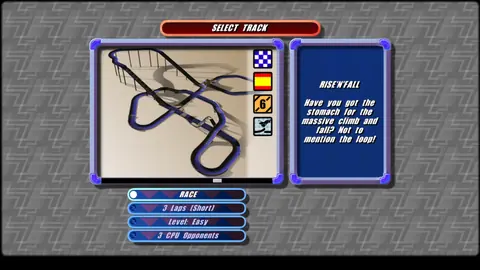 Pantalla SELECT TRACK con una maqueta del circuito RISE'N'FALL, su descripción y las opciones 3 Laps (Short), Level: Easy, 3 CPU Opponents.