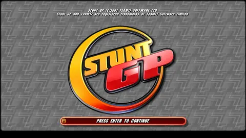 Pantalla de título con el logotipo de Stunt GP y el texto PRESS ENTER TO CONTINUE, sobre un fondo que llena toda la imagen panorámica.