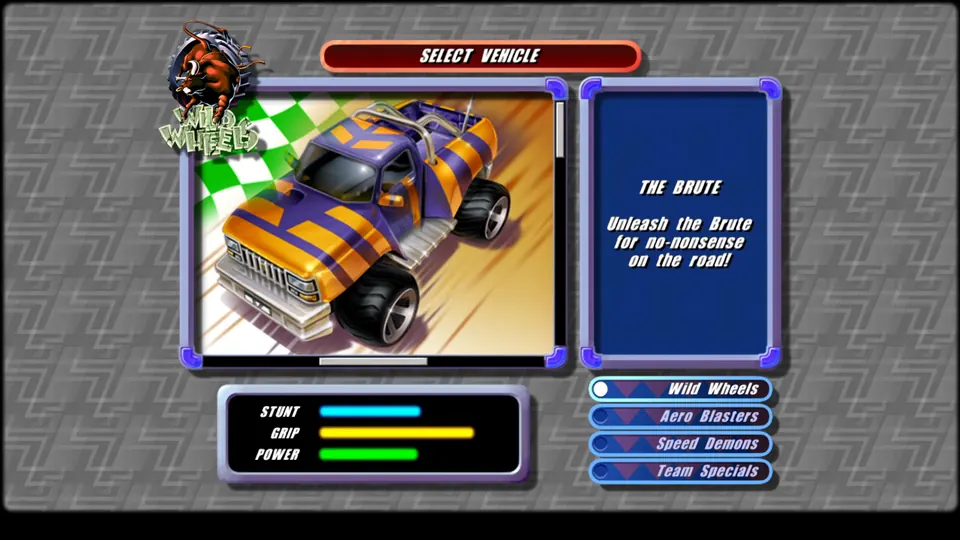 Pantalla SELECT VEHICLE: The Brute del equipo Wild Wheels.